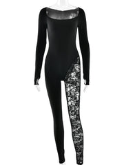 Black bodysuit with floral pattern on one leg against a white background