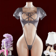 Mannequin wearing a gray lace-up bodysuit with a dark background