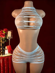 Women Fishnet Hollow Two Piece Lingerie Set