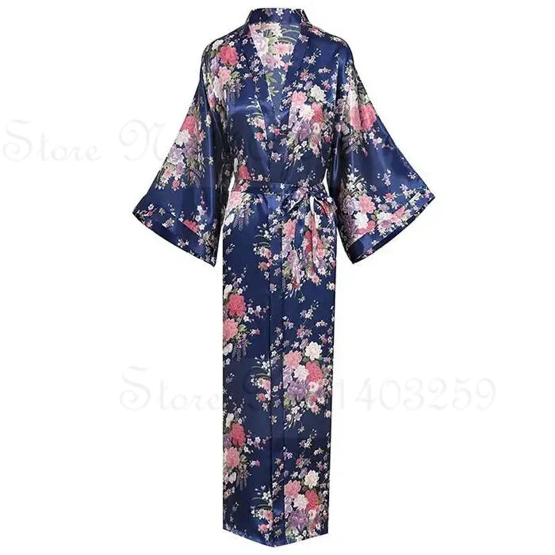 Navy blue floral kimono robe with a pocket on a white background