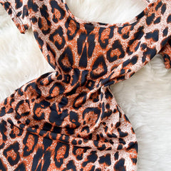 Leopard Print Lace-Up Night Dress – Sexy Slim-Fit Short Sleeve Lingerie