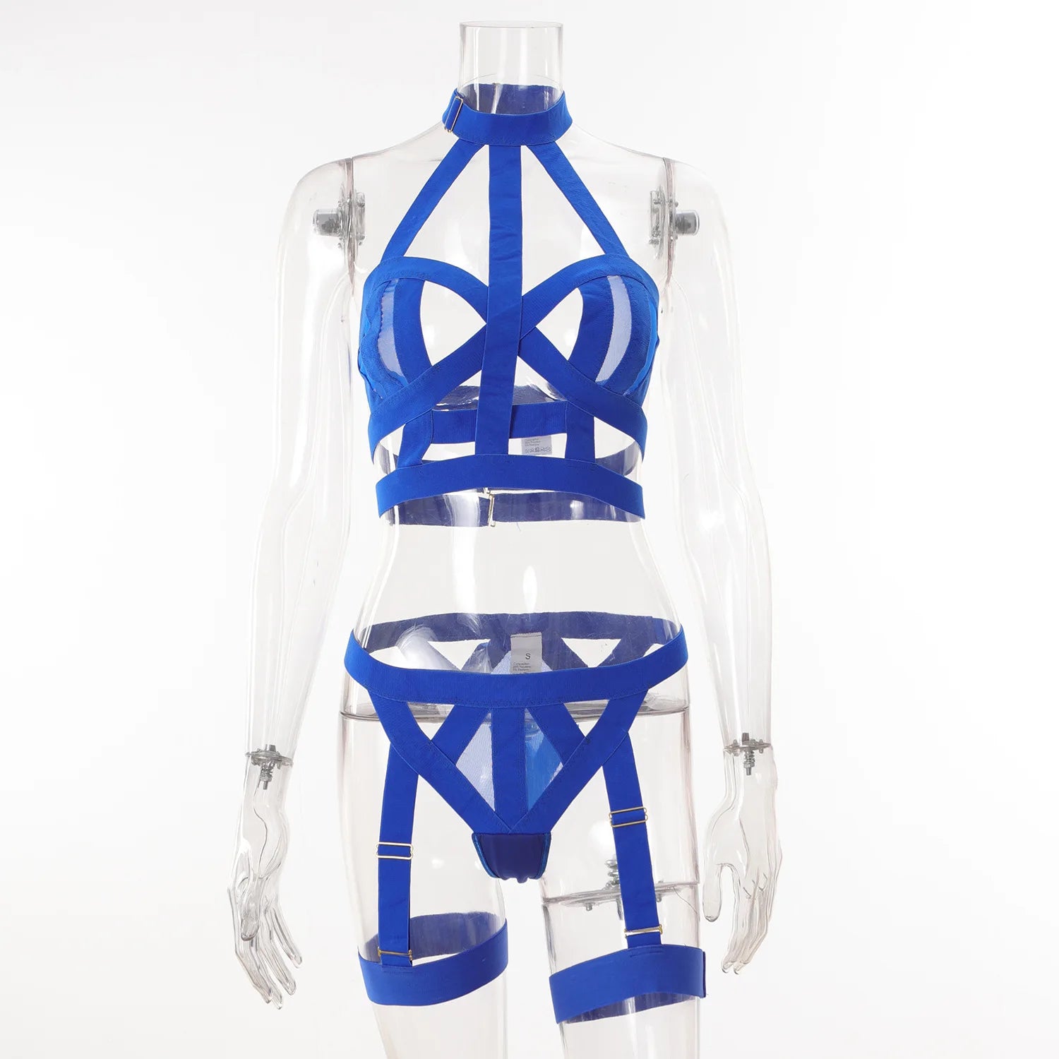 Blue strappy top and clear skirt set on a mannequin against a white background