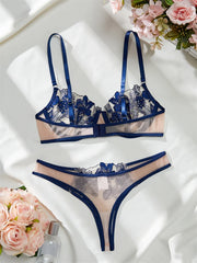 Embroidered Mesh Lingerie Set – Transparent 3-Point Intimate Bra & Panty