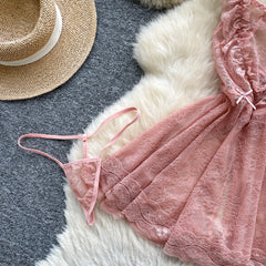 Sexy Lace Nightwear Dress – Ruffle Straps & Bow Back Design