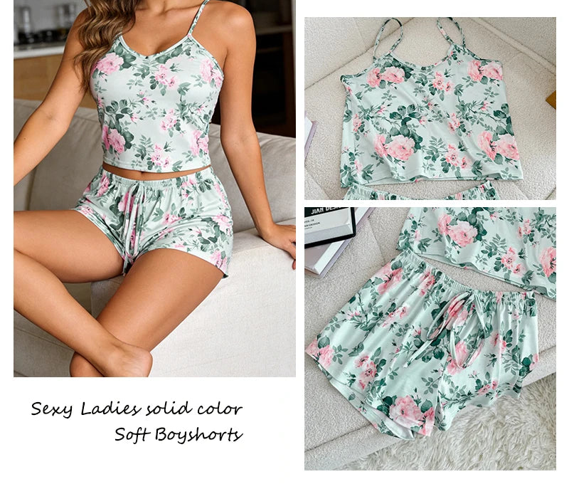Floral pajama set with a model wearing it, shown from different angles.