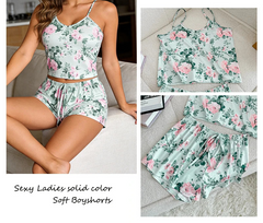 Floral pajama set with a model wearing it, shown from different angles.