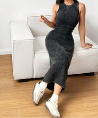 Charcoal polyester sleeveless ankle-length round-neck bodycon cami dress, slim fit for casual summer outfits.