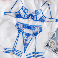 Embroidered Sequin Garter Three-Piece Lingerie Set