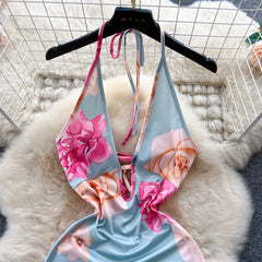 Floral Halter Backless Lace-Up Bodycon Dress