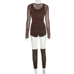 Mannequin wearing a brown outfit with sheer sleeves on a white background