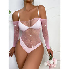 Person wearing a pink sheer bodysuit with long sleeves on a white background