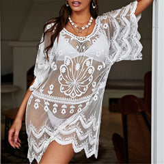 Embroidered V-Neck Beach Cover-Up – Sheer Short Sleeve Tunic Dress