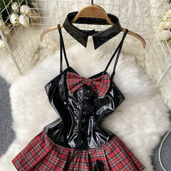 Lace-Up Backless PU Leather Night Dress + Thong