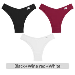Three pairs of underwear in black, wine red, and white on a white background.