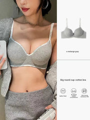 Woman wearing a gray bra with product details on the right