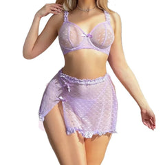 Lavender lace lingerie set on a white background