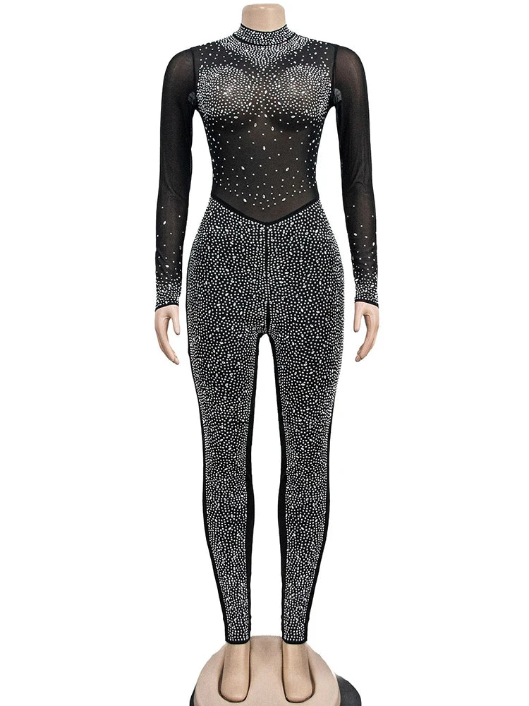 Black and silver rhinestone bodysuit on a mannequin against a white background