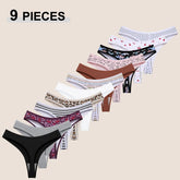 A set of 9 women's thong panties in various colors and patterns, arranged diagonally on a light beige background with the text '9 PIECES' in the top left corner.