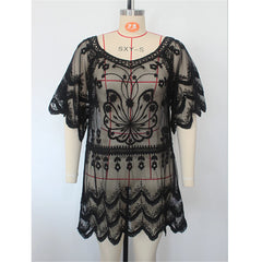 Embroidered V-Neck Beach Cover-Up – Sheer Short Sleeve Tunic Dress