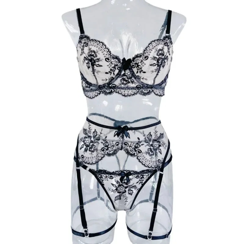 Lace lingerie set on a mannequin against a white background
