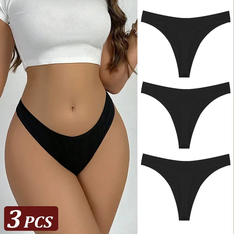 Black thong underwear set with a model wearing one piece and three separate pieces displayed.