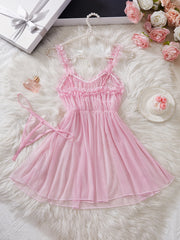 Women Sheer Ruffle Babydoll Nightgown Thong Set