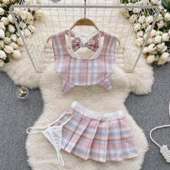 Japanese Plaid Bow Hollow‑Out Tank & Skirt Set