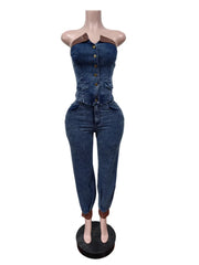 Denim jumpsuit on a mannequin against a white background