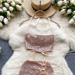 Sexy Sequin Halter Mini Set – Lace-Up & Backless Clubwear