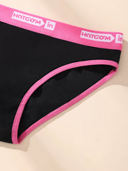 Black underwear with pink waistband featuring 'HOTGOM' branding on a beige background