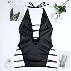 Sexy PU Leather Halter Cutout Slim Nightwear Dress