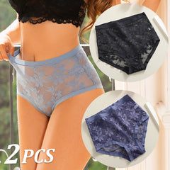 Woman wearing lace underwear with inset images of black and blue lace panties.