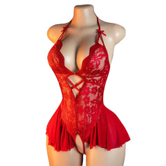 Floral Lace Halter Babydoll Teddy Lingerie