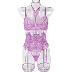 Purple lace lingerie set on a transparent mannequin against a white background