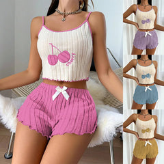Women Cherry Embroidered Ribbed Cami Pajama Set