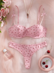 Cherry Print Lingerie Set – Cute 3-Point Bra & Panty with Bow Detail