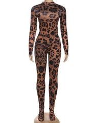 Leopard print bodysuit on a mannequin against a white background