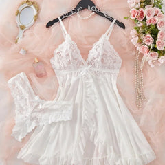 Sexy Lingerie Set Women Erotic Bra Nightdress Sexy Lace Sleepwear Solid Slim Soft Dresses V Neck Full Slip Sleepwear & Dresses