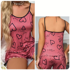 Women's Heart Print Satin Pajama Set