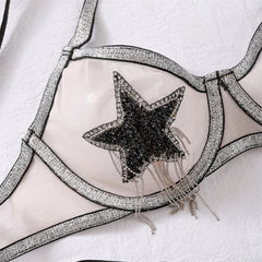 Silver Tassel Mesh Lingerie Set – Star Embellished Bra & Panty