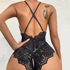 Women Deep V Neck Floral Lace Bodysuit