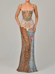 Leopard Lace Backless Maxi Dress