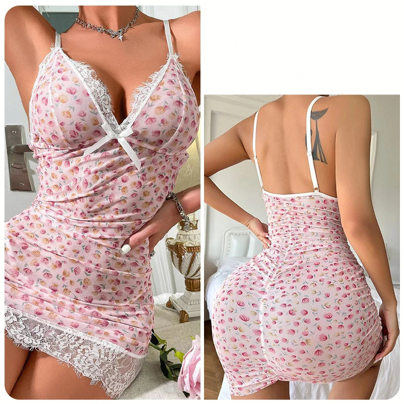 Pink floral nightgown with lace details worn by a model in two views.