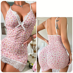 Pink floral nightgown with lace details worn by a model in two views.