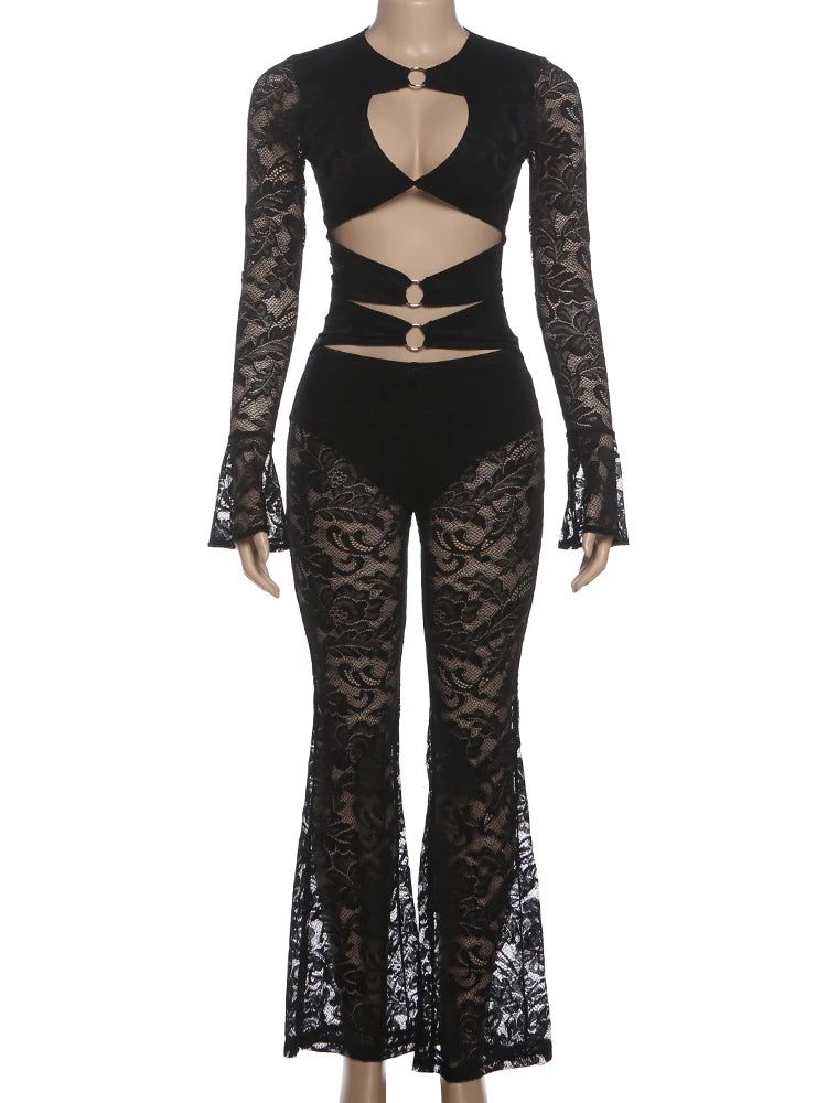 Black lace outfit on a mannequin against a white background