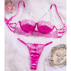 Rose Red Embroidered Lingerie Set – Chain Bra & Steel Ring Bralette