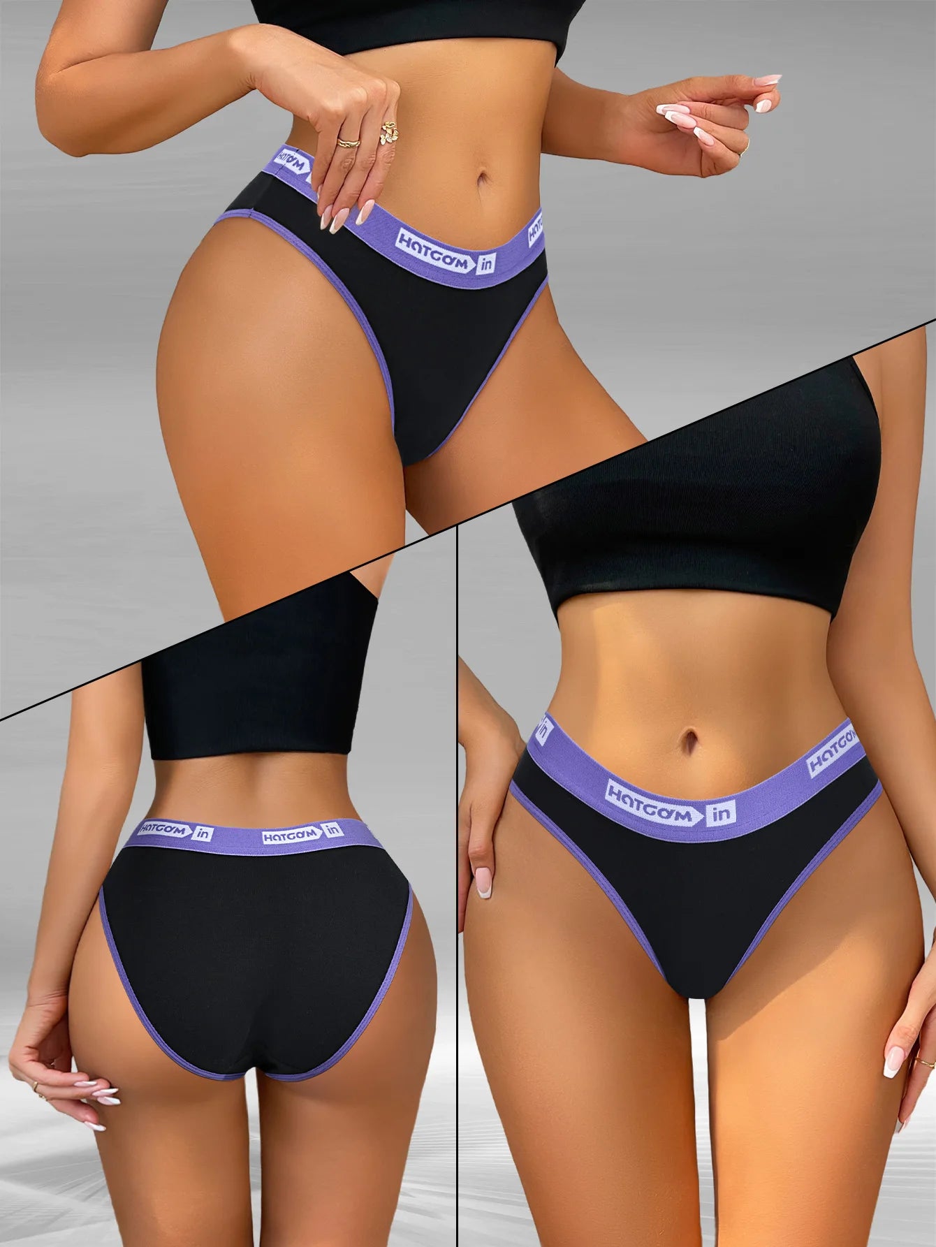Black underwear with purple waistband featuring a brand logo on a gray background