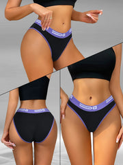 Black underwear with purple waistband featuring a brand logo on a gray background