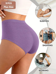 Purple plus-size shapewear with lifestyle images of a woman sleeping, shopping, and working.