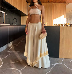 Trendy Tassel Pants Set – Off-Shoulder Halter Top & High-Waist Bottom